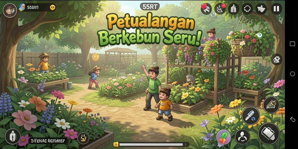 Screenshot utama 55RT menampilkan suasana kebun yang asri dan gameplay seru.