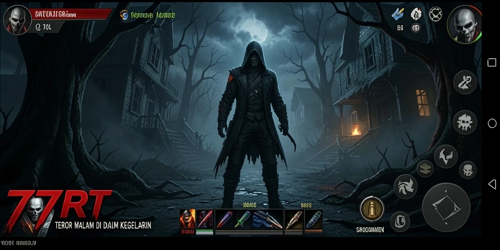 Screenshot gameplay 777RT menunjukkan suasana mencekam di dalam kegelapan.