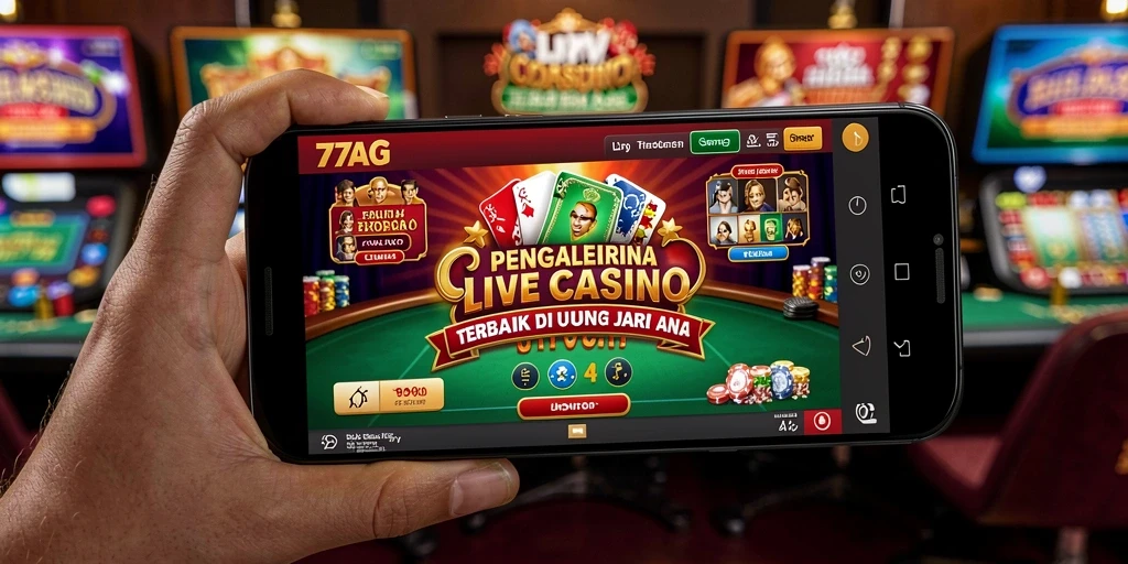 Screenshot gameplay Live Casino dari 77AG yang menampilkan dealer langsung.