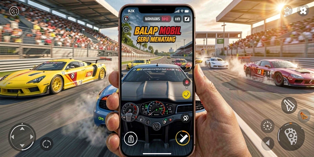 Tampilan gameplay seru di 9ZK dengan mobil balap yang cepat.