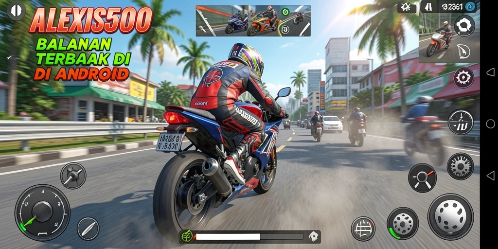 Tampilan gameplay mendebarkan dalam ALEXIS500 dengan aksi balapan sepeda motor.