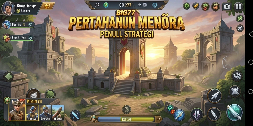 Screenshot gameplay besar BIG77 menampilkan menara dan musuh dalam pertempuran Tower Defense.
