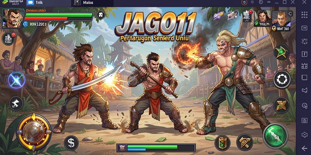 Screenshot gameplay JAGO11 dengan pertarungan yang mendebarkan dan karakter unik.