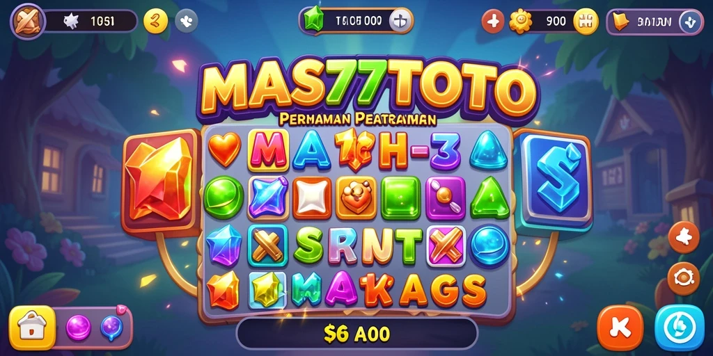 Screenshot gameplay <strong>MAS77TOTO</strong> dengan elemen Match-3 yang berwarna-warni.