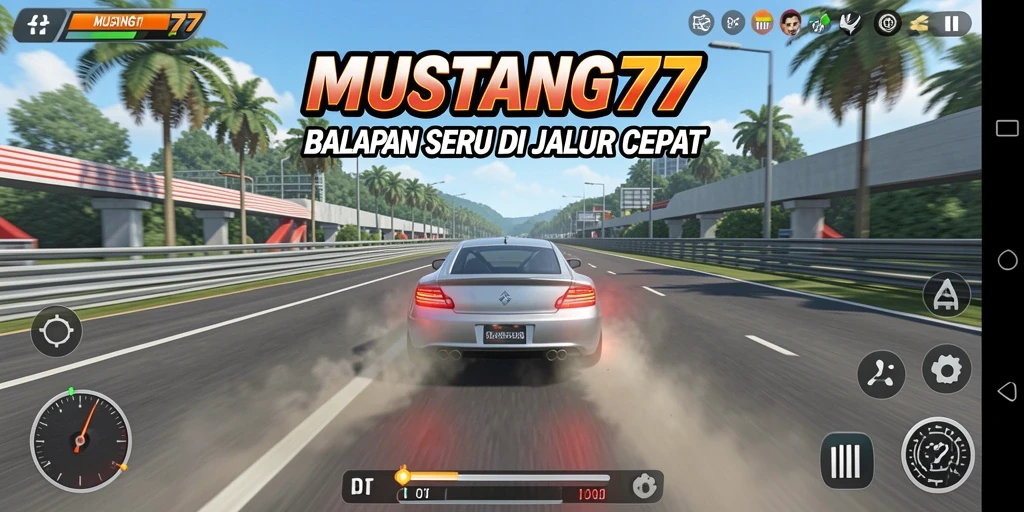 Tampilan gameplay seru dari MUSTANG77 yang penuh aksi balapan.