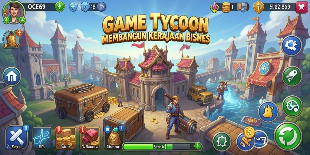 Screenshot gameplay OCE69 dengan aktivitas pengelolaan bisnis.