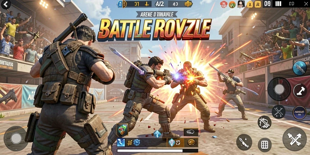 Screenshot gameplay V21 yang menunjukkan pertempuran seru dalam arena Battle Royale.