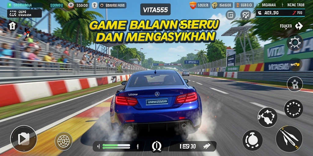 Screenshot VITA555 menampilkan mobil balap yang melaju kencang di trek menantang.
